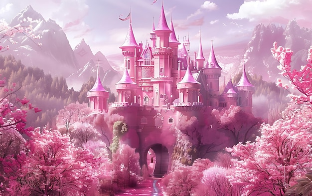 Photo a castle with pink flowers and a castle on the top of it