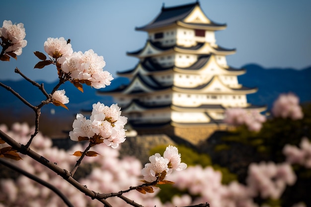 A castle with pink flowers in front of it