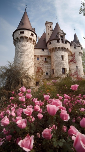 Photo a castle with pink flowers in front of it