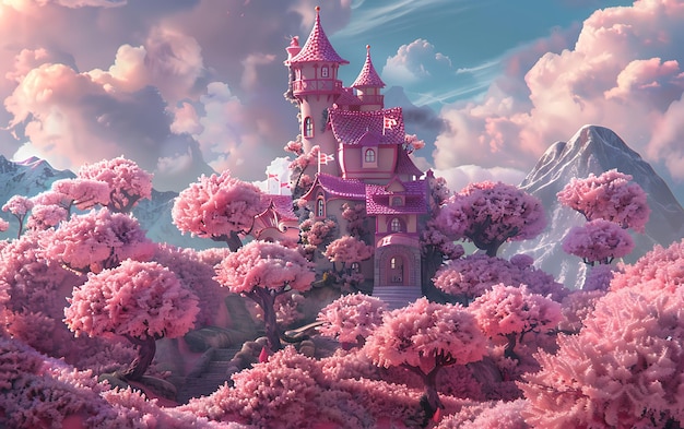 a castle with pink flowers on the top and a pink castle on the top