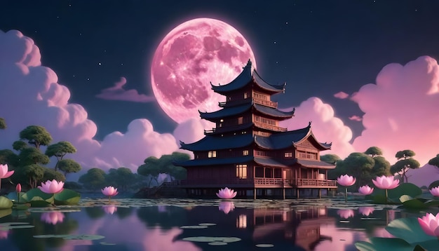 a castle with a pink moon and a pink moon in the background