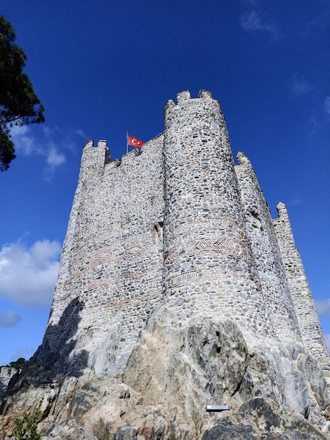 a castle with a red flag on the top