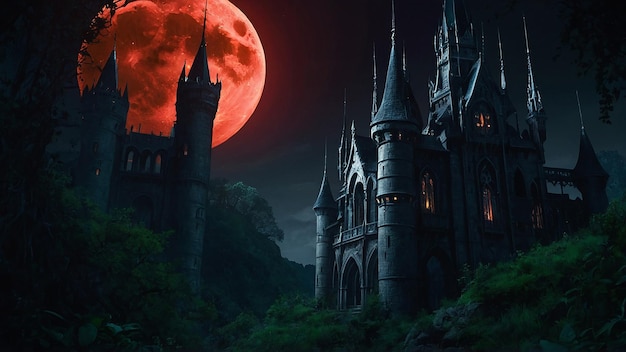 a castle with a red moon behind it