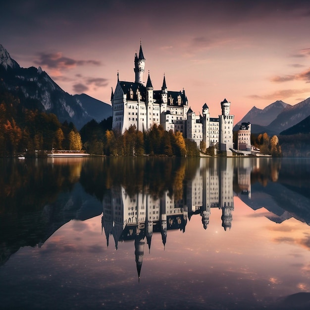 Castle with a reflection of a castle in the water.