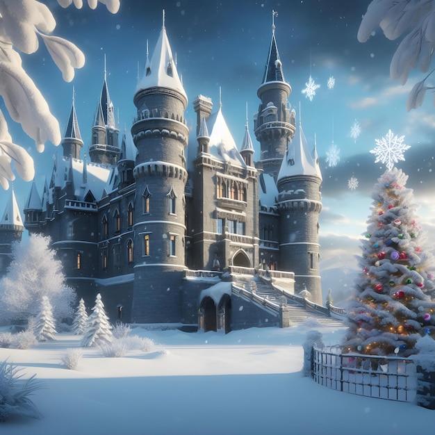 Фото Замок со снежными рождественскими украшениями и огромной рождественской елкой