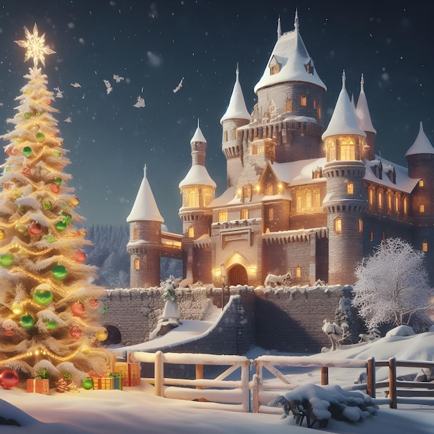 Castle with snow christmas decorations and a huge christmas tree