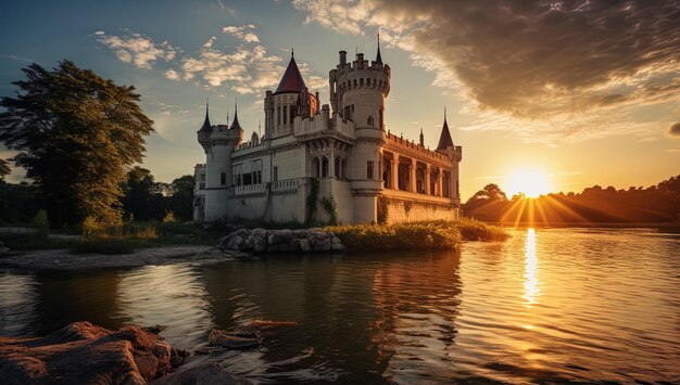 castle with a sunset in the background