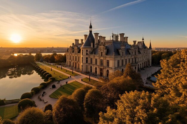 a castle with a view of the lake at sunset