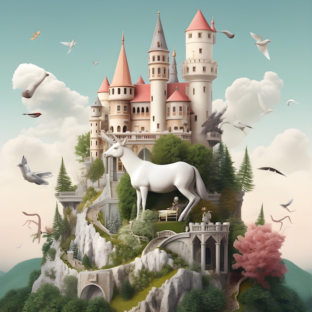 A castle with a white unicorn on it