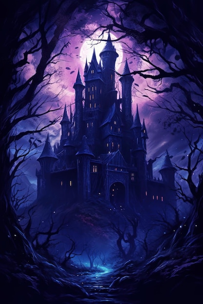 A castle in the woods with bats on the bottom