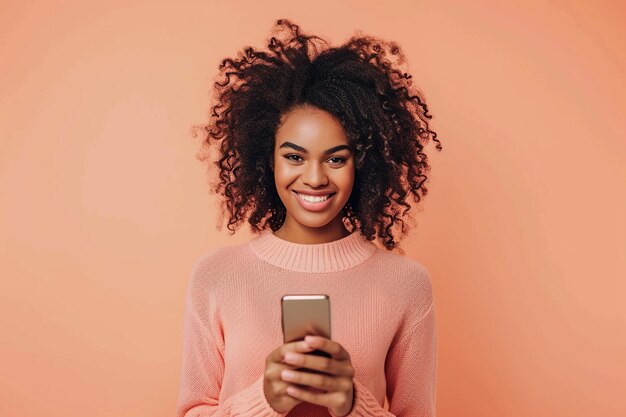 Casual African American woman on peach background using smartphone