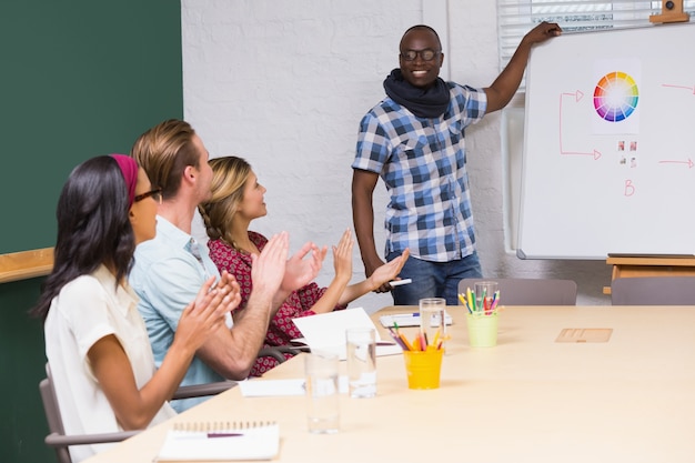 Casual business people clapping hands in meeting