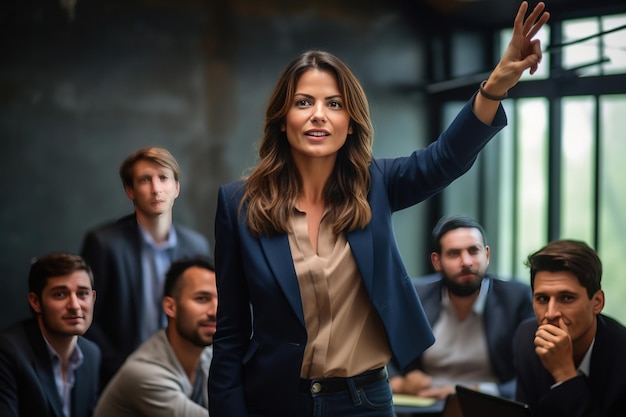 a casual businesswoman raising her arm in a conference meeting