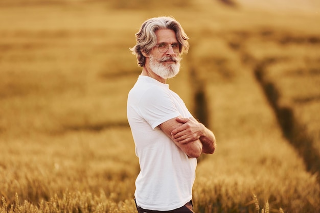 In casual clothes Senior stylish man with grey hair and beard on the agricultural field with harvest