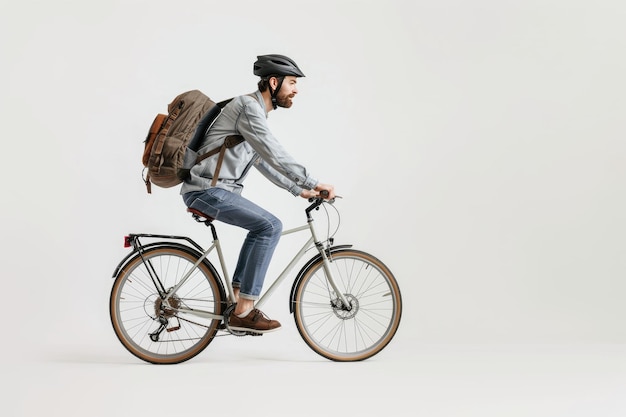 Casual Cyclist met rugzak op een fiets Urban EcoFriendly Commute Concept