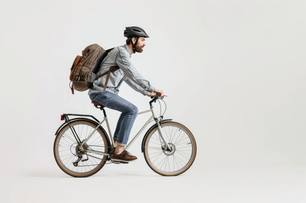 Casual Cyclist with Backpack Riding a Bicycle Urban EcoFriendly Commute Concept