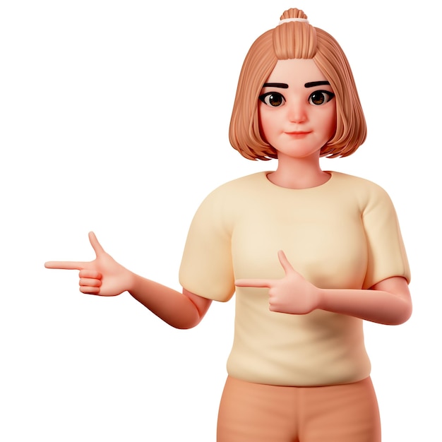 Casual Girl Pointing to Left side using Both Hand 3D Illustration