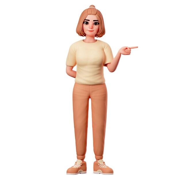Фото Случайная девушка, указывающая на правую сторону, используя правую 3d-рендеринг персонажа