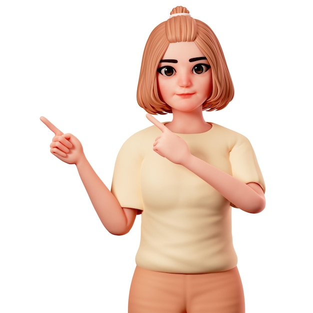 Casual Girl Pointing at Top Left Side using Both Hand 3D Character Render Illustration