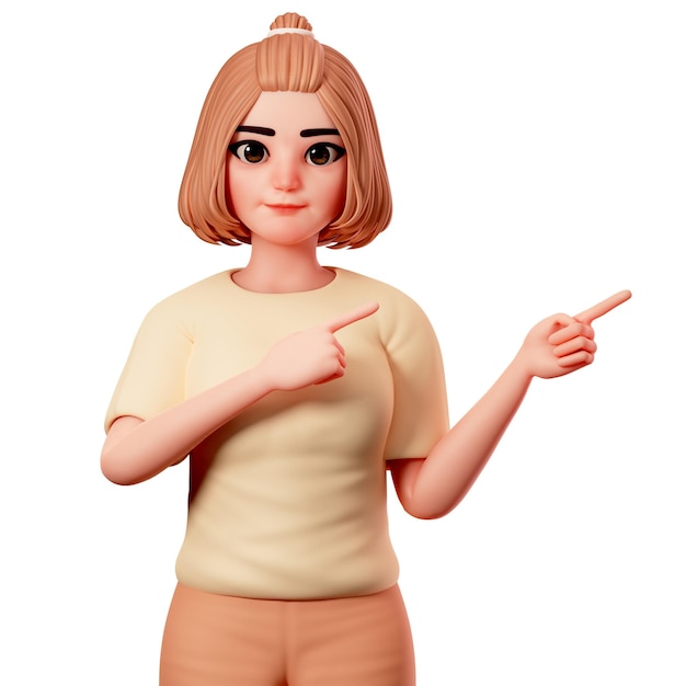 Casual Girl Pointing at Top Right Side using Both Hand 3D Character Render Illustration