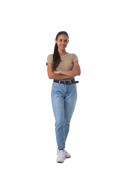 Casual girl standing on white background