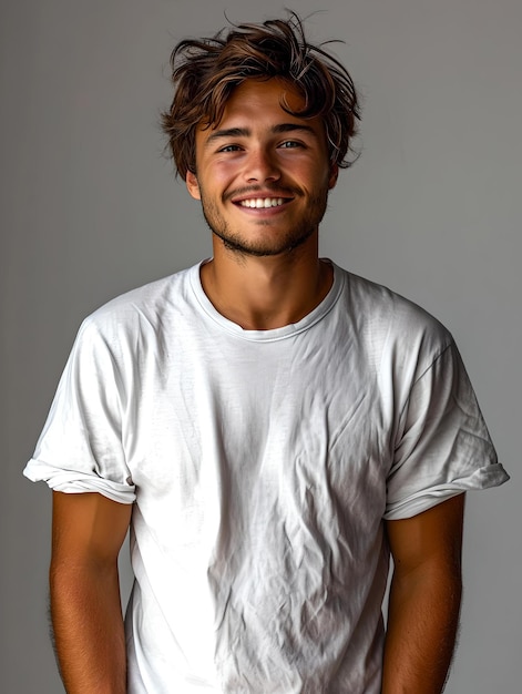 Casual jonge man glimlachend in een wit t-shirt frisse en gelukkige mannelijke portret studio opname met neutrale achtergrond AI