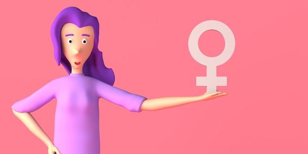 Foto casual jonge vrouw met vrouwelijk symbool feminisme 3d illustratie vrouwendag 8 maart kopieer de ruimte