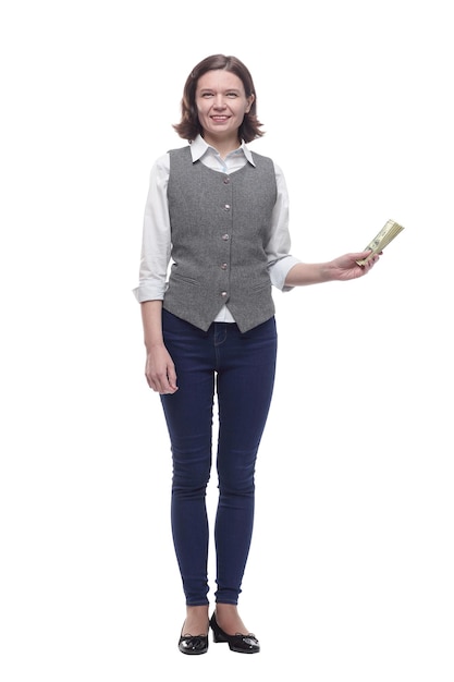 Casual mature woman with a bundle of banknotes