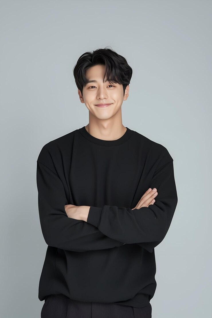 Photo 검은 스웨터 를 입은 미소 짓는 남자 의 캐주얼 초상화