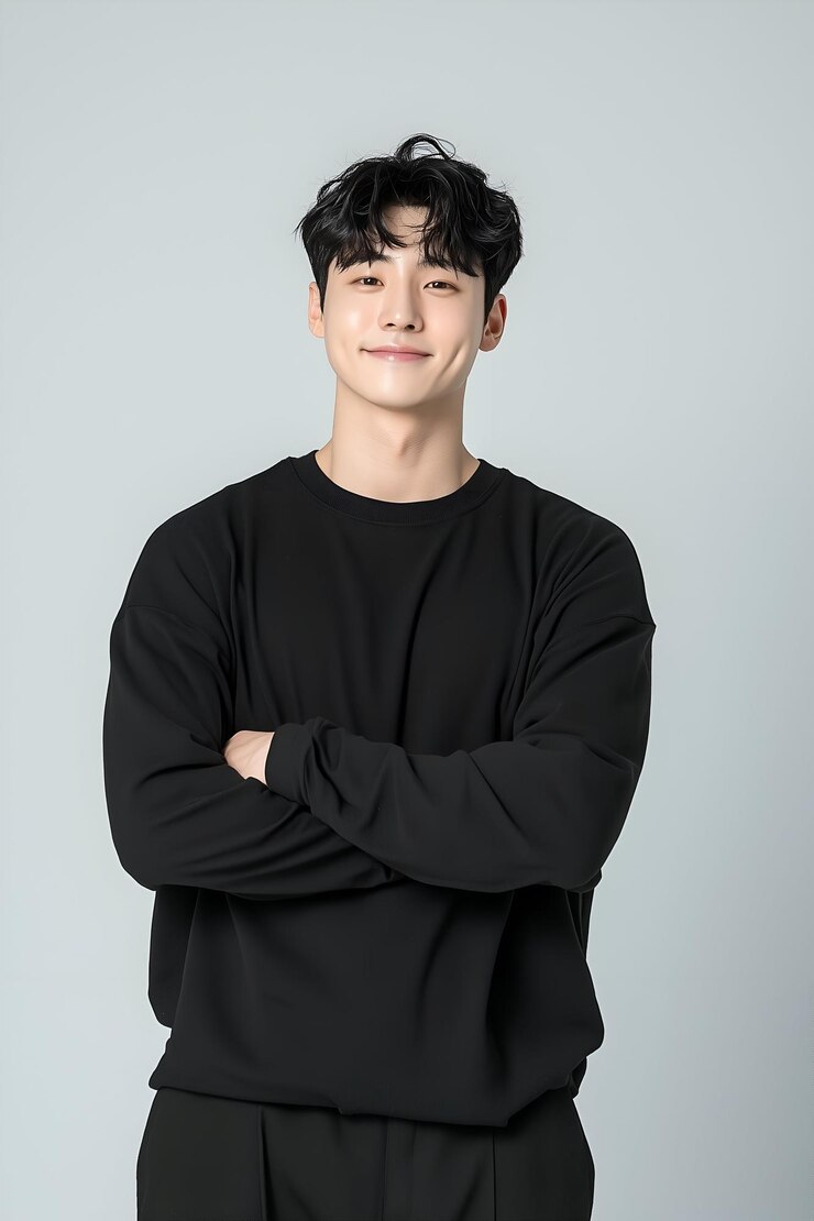 Photo 검은 스웨터 를 입은 미소 짓는 남자 의 캐주얼 초상화