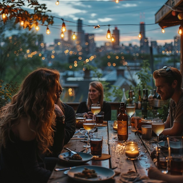 Casual rooftop party with city views and friends gathering