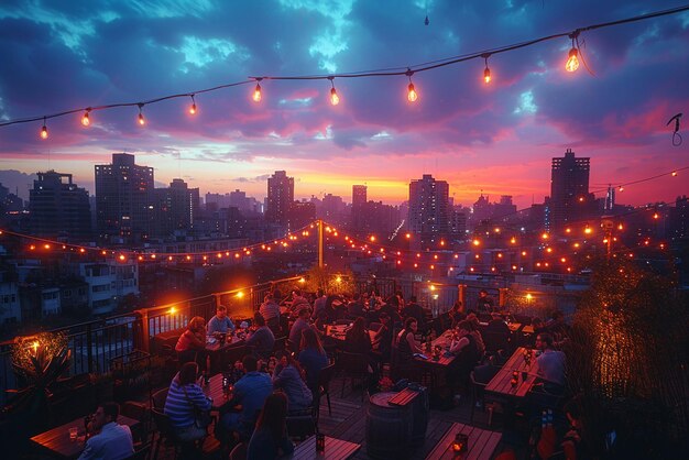 Casual rooftop party with city views and friends gathering