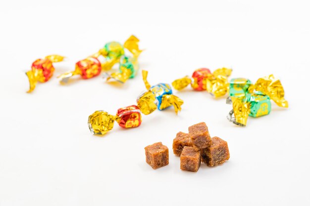 Casual snack beef cubes on a solid color background