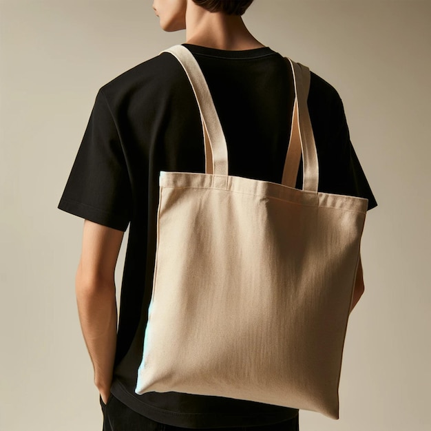 Photo casual style person with beige tote bag