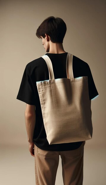 Photo casual style person with black tshirt and beige canvas tote bag