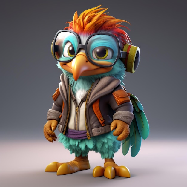 Photo casual stylized cartoon bird 3d game character with headphones