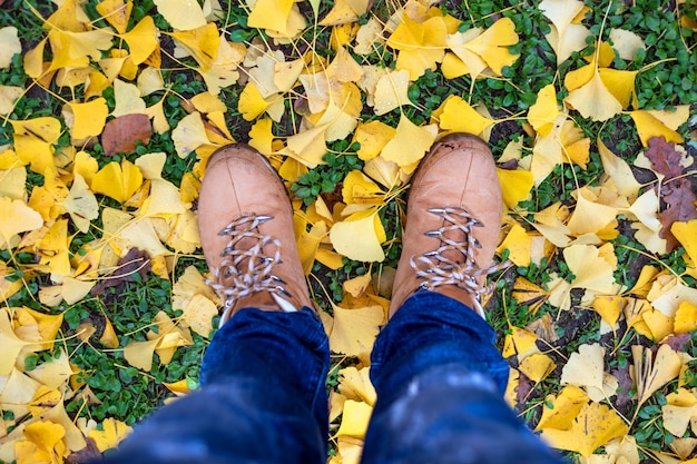 Casual unisex laarzen met kleurrijke herfst gevallen bladeren.