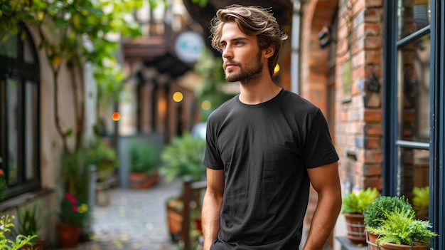 Casual Urban TShirt Mockup Young Guy in Black Tee