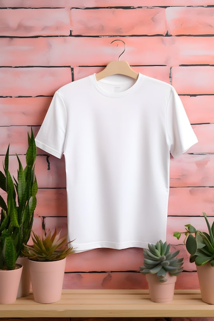 A casual white sweat Tshirt mockup well lit studio against a backdrop of plants