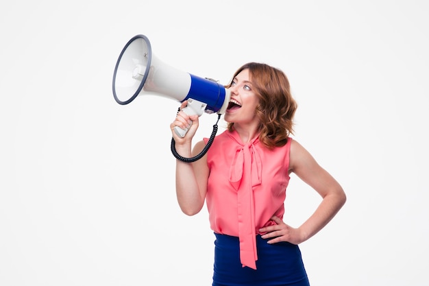 Casual woman screaming in loudspeaker