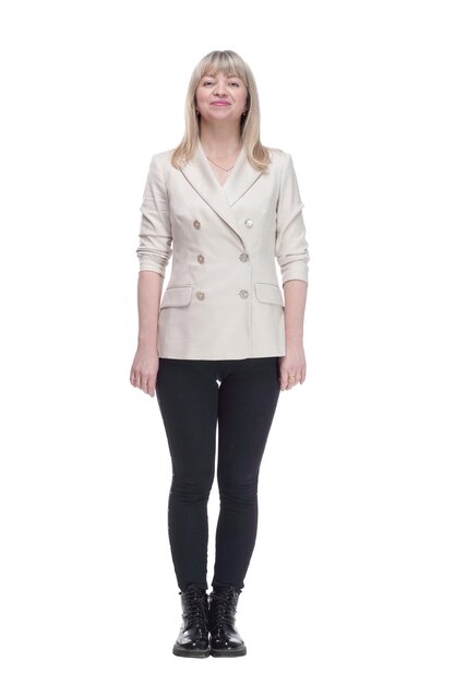 Photo casual woman in a white jacket and black leggings