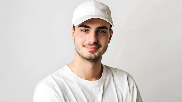 Photo casual young man smiling in a white cap and tshirt fresh and clean style perfect for lifestyle advertising portrait of a friendly face ai