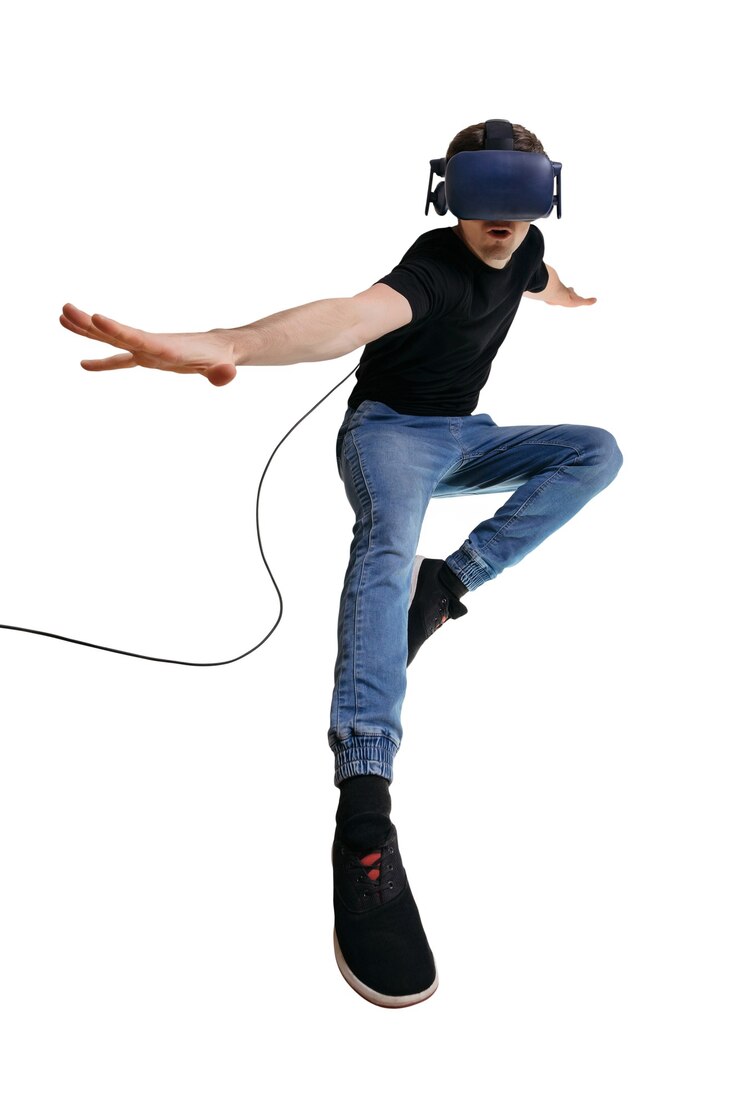 फोटो casual young man in vr simulator finding himself a superhero. male in 3d glasses over a white background