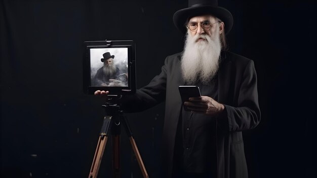 Foto artista dalla barba grigia vestito in modo casual che registra video utilizzando lo smartphone su treppiede generato ai