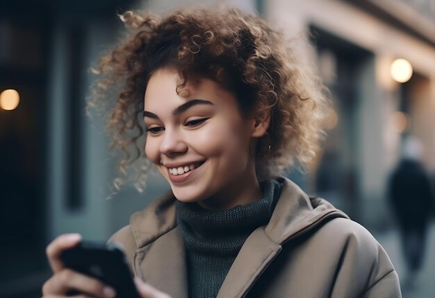 Фото Небрежно одетая женщина с вьющимися каштановыми волосами улыбается на смартфоне, вид на талию