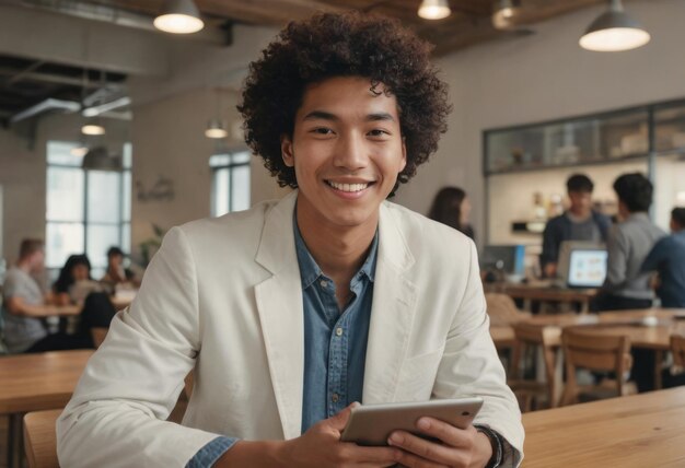 A casually dressed young man with curly hair holds a tablet in a bustling cafe setting he exudes a