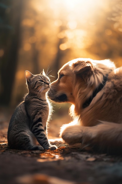 A cat and adult dog in sunset photo ilustration