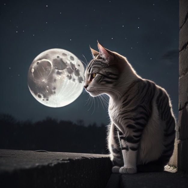 A cat alone at night under the light of the moon