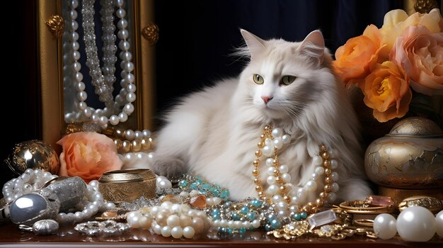 A cat amidst a display of luxury jewelry adding charm