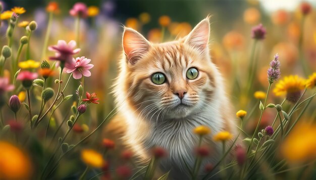 Photo cat among flowers ginger cat is playing in a meadow among flowers portrait of a cat